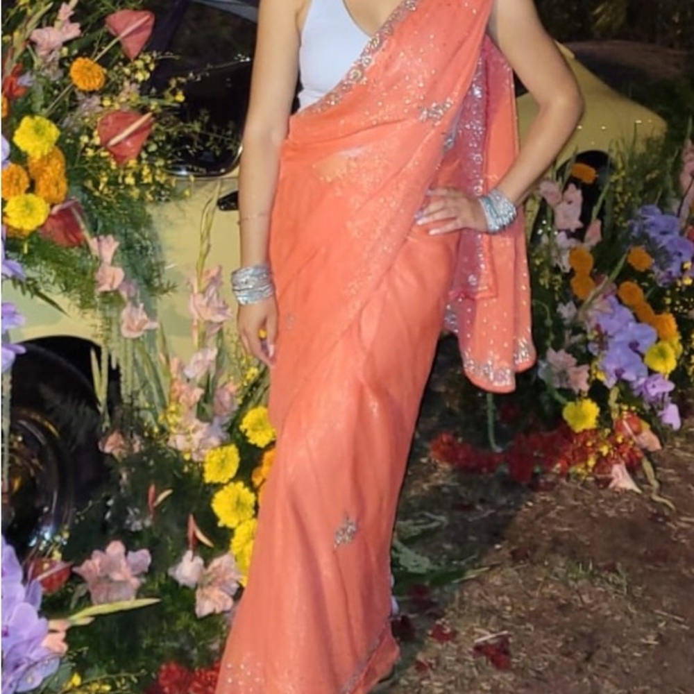 Coral Sari/ Saree with Silver Accents - Indian Wedding Guest Attire Woman
